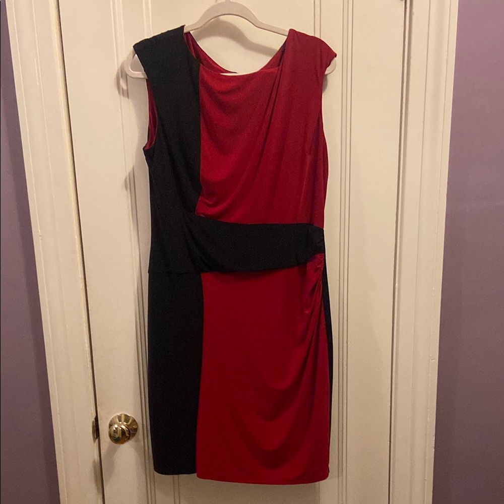 Chaps Red and Black Asymmetrical Sheath Dress